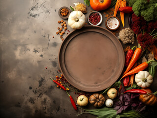 Flat lay composition of autumn harvest pottery and copy space. Rustic stoneware with fall decor. Background with pumpkins and herbs. Wabi sabi pottery inspiration. Food blog concept