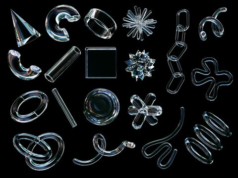 3D rendering of a set of geometric objects, icons, glass elements isolated on a black background.