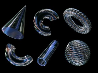Poster - 3D rendering of a set of geometric objects, icons, glass elements isolated on a black background.