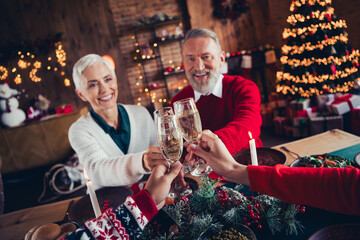 Canvas Print - Cropped portrait of big family clink champagne glass enjoy celebrate christmas dinner decorated apartment indoors