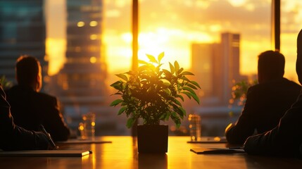 A serene business meeting at sunset, featuring silhouettes of two individuals observing a vibrant city skyline through glass windows.