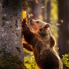 の幹にあるハチの巣を見つけたクマが、手を伸ばして中でハチミツを取ってみる。ハチに少しずつ見られながらも、美味しいハチミツの味をわおうとするその姿は、愛らしくコミカルな一面を」表してい