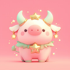 Wall Mural - A cute cow with gold horns and a bell on its head is surrounded by stars. The cow is sitting on a pink background