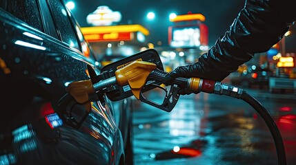 A dynamic shot of a person adjusting the petrol gun in a car's fuel tank, with bright gas station signage and other vehicles in the background, capturing the busy atmosphere.