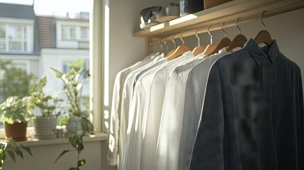 Canvas Print - A row of freshly ironed shirts hanging on wooden hangers in a bright, airy closet, with soft natural light streaming through a window.