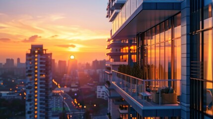 Poster - A city skyline with a large building in the foreground and a large glass balcony