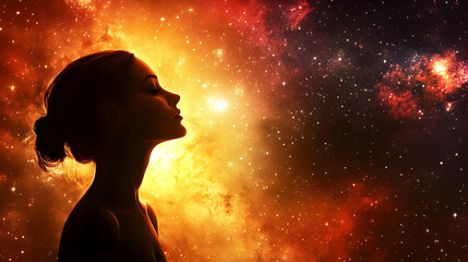 Silhouette of a Woman with Closed Eyes Against a Cosmic Background of Stars and Nebulae