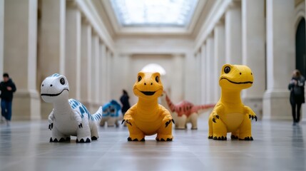 Adorable Inflatable Dinosaurs in Contemporary Museum Setting: Colorful Exhibition of Prehistoric Replicas Amidst Modern Architecture