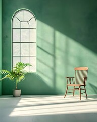 Minimalist 3D rendered interior scene with a muted green backdrop barren floor and wall setting and prominent shadow patterns from a window showcasing a digital product in soft natural light