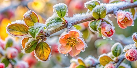 Bird eye view of quince flowers and leaves covered with ice and frost in mid April spring in Central Europe