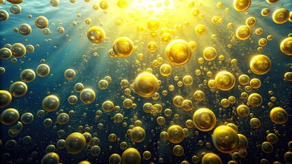 Wall Mural - birds eye view of yellow bubbles in deep ocean background