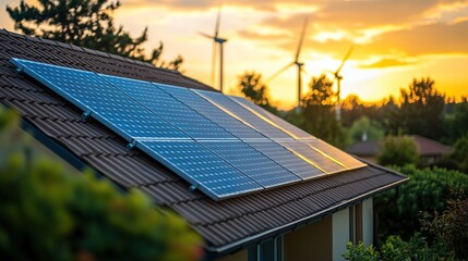 Solar panels on a roof at sunset with wind turbines.