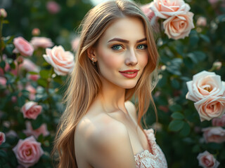 Beautiful Woman model in Summer Dress Amidst Blooming Garden Flowers. smiling on a background of a pink  flowers. Generative AI.