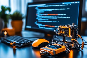 Fototapete - Minimalist abstract of a computer screen with code and a disassembled electronic device, capturing the essence of reverse engineering in software and hardware