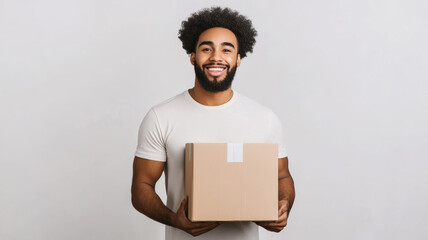 Canvas Print - a man holding a delivery box with a smiling face and white background