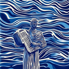 Poster - a man playing an accordion, simple pattern bold blue lines
