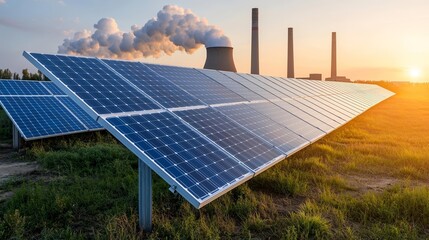 Contrast of renewable and traditional energy, solar panels foregrounding smokestacks at sunset