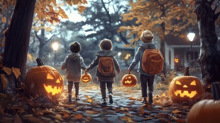 little children trick or treating on halloween