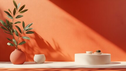 Fototapete - Vibrant 3D studio room with a paprika colored background featuring an empty floor and wall with a product podium  A natural light from a window casts a serene shadow overlay onto the countertop