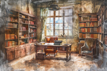 Poster - A room with a desk and a chair, and a window with a view of the outside