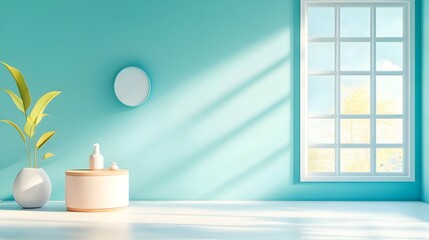 Fototapete - Serene 3D studio room scene with soft natural sunlight and refreshing sky blue background  Empty floor and wall with minimalist product podium mockup and shadow overlay from window to countertop