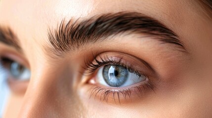 Close up of female eye with bright makeup and brush applying mascara on eyelashes