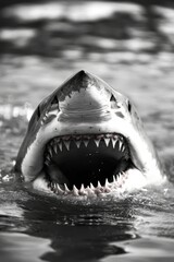 Poster -  A black-and-white photo of a great white shark with its jaws widely opened