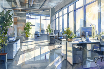Poster - A large open office space with a lot of natural light and plants