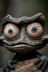 Wall Mural -  A tight shot of a frog figurine's expressive face, eyes widely opened, atop a wooden base