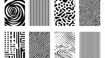 Wall Mural - collection of eight black and white abstract geometric patterns, featuring swirling spirals, straigh