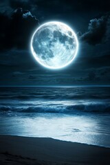 Poster -  A full moon rises over the cloudy ocean, its reflection shimmering amidst the turbid waters