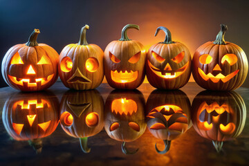 Spooky Halloween pumpkins with glowing faces create festive atmosphere. carved designs reflect on surface, enhancing eerie charm of season