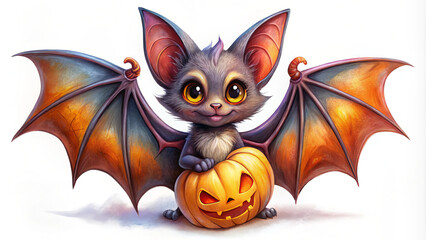 cute bat character with large expressive eyes sits atop carved pumpkin, showcasing vibrant orange and purple wings. This whimsical design captures playful spirit of Halloween