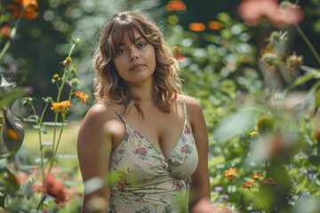 Wall Mural - A woman is standing in a field of flowers, wearing a floral dress