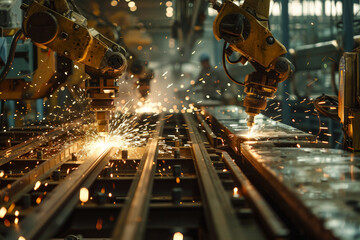 Poster - Two robots are working on a metal piece, with sparks flying everywhere