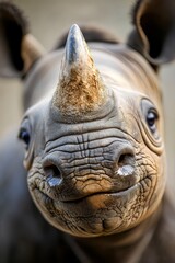 Wall Mural -  A rhino's face in close-up, displaying a humorous expression and prominently featuring its large, distinctive nose