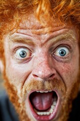  A tight shot of a red-haired person with a beard, displaying a surprised expression