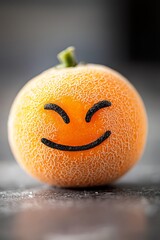 Poster -  A tight shot of an orange with a smiling face drawn on its peel A green leaf emerges from its mouth