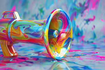 Poster - A colorful megaphone is on a table with paint splatters around it