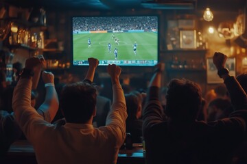 Group of Football Fans Watching a Live Match Broadcast in a Sports Pub on TV. People Cheering, Supporting Their Team. 