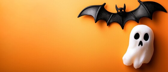 Canvas Print -  A white specter holds a black bat; another dangles nearby on an orange wall