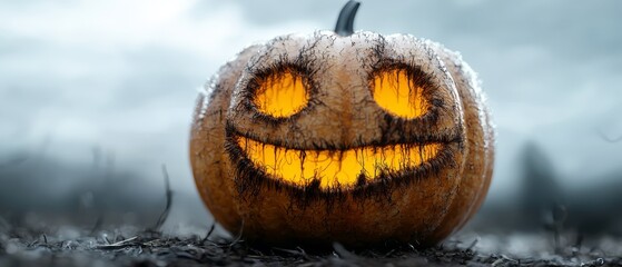 Canvas Print -  A tight shot of a pumpkin, its features enhanced by a carved face and eyes that radiate in the darkness