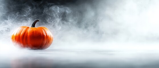 Canvas Print -  A large orange pumpkin sits atop a white floor Nearby, a black wall emerges No smoke is present in the scene