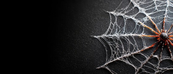  A macro shot of a spider's intricate web against a black background, featuring a red and orange spider in the foreground