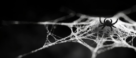  A black-and-white image of a spider on its web against a tree in the dark
