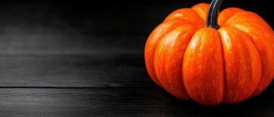 Canvas Print -  A tight shot of a mini orange pumpkin against a black wooden background The black stem protrudes from its top