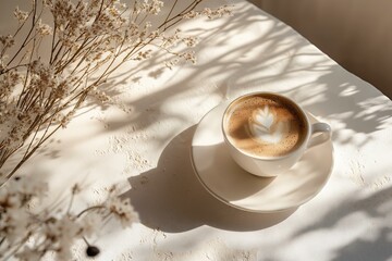 Poster - Cozy morning delight with latte art in sunlit cafe corner.