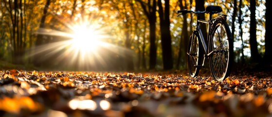 Poster -  A bike is parked in a sunlit, leaf-covered area with trees displaying sunlight behind them