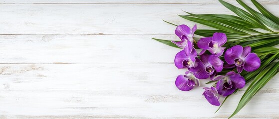 Wall Mural -  Purple flowers in a cluster rest atop a white wooden table A green plant with leafy foliage sits beside it, also on the table