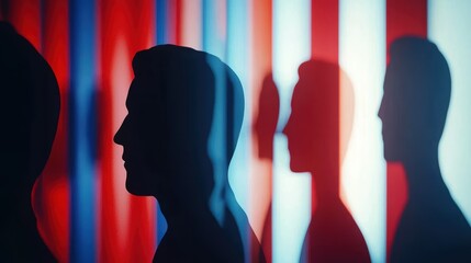 Canvas Print - Elections day in USA. People silhouettes, red and blue color light 